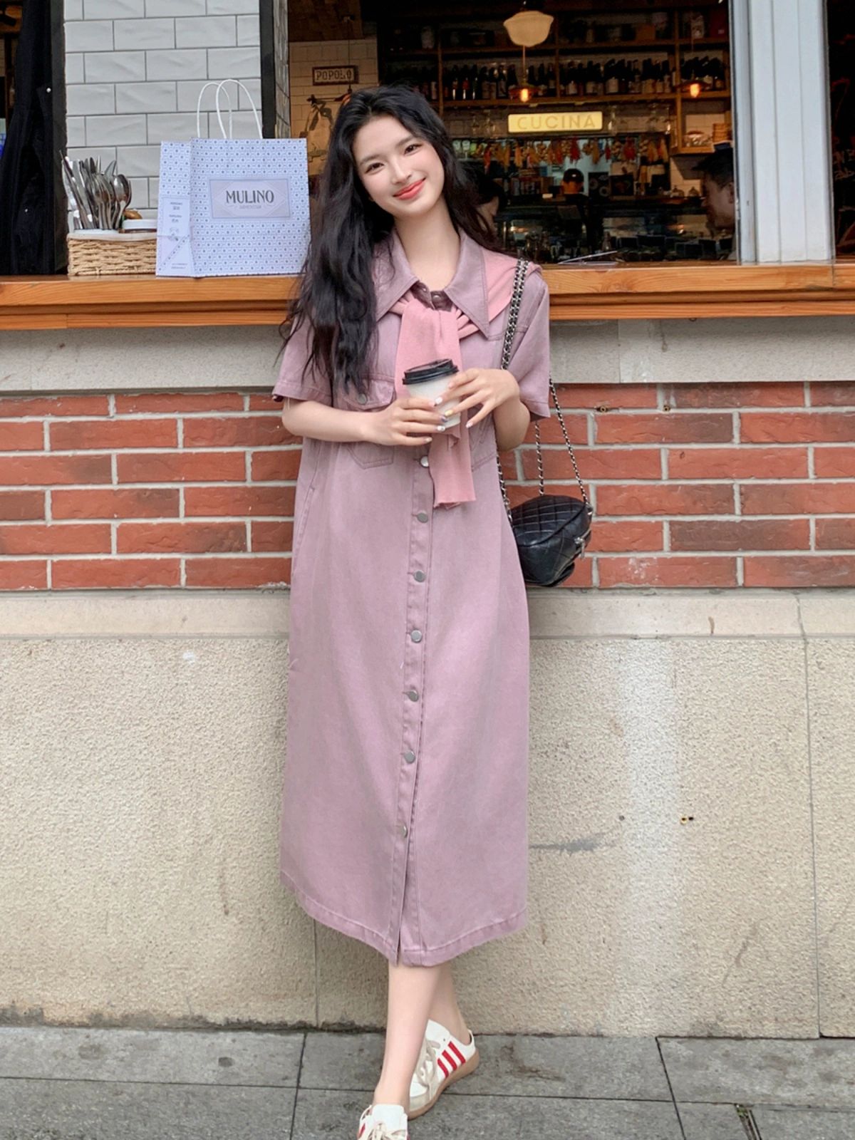 빈티지 핑크 퍼플 롱 원피스 여성 체형보정 - 상세 이미지 2