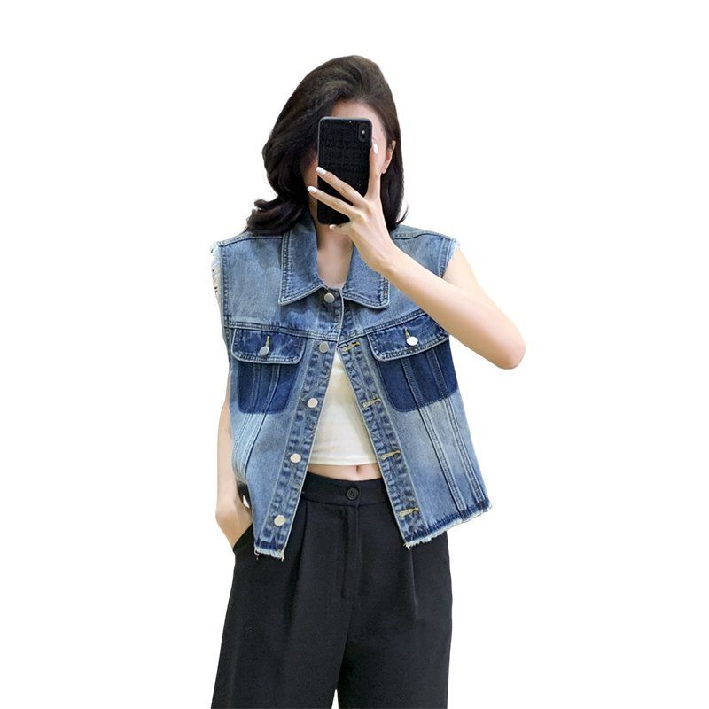 여성 봄 여름 루즈핏 배색 포켓 데님 베스트 민소매 버튼 밑단컷팅 아우터 블루 - 상세 이미지 5