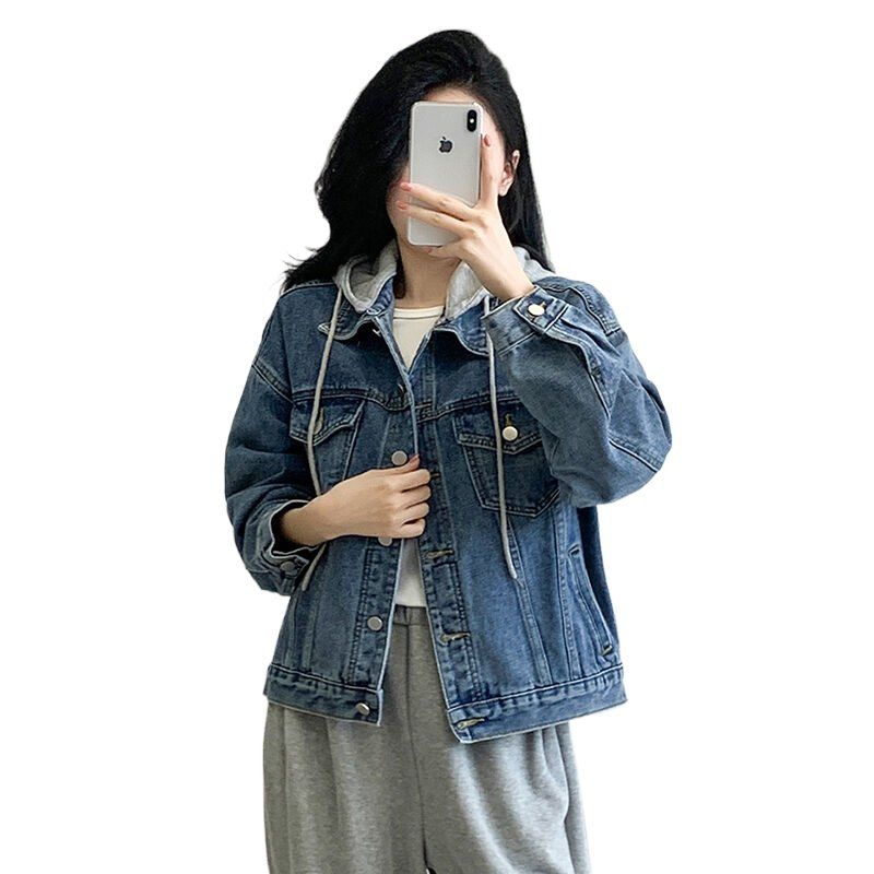 봄가을 여성 루즈핏 후드 데님 자켓 워싱 빈티지 버튼 포켓 간절기 아우터 라이트블루 - 상세 이미지 4