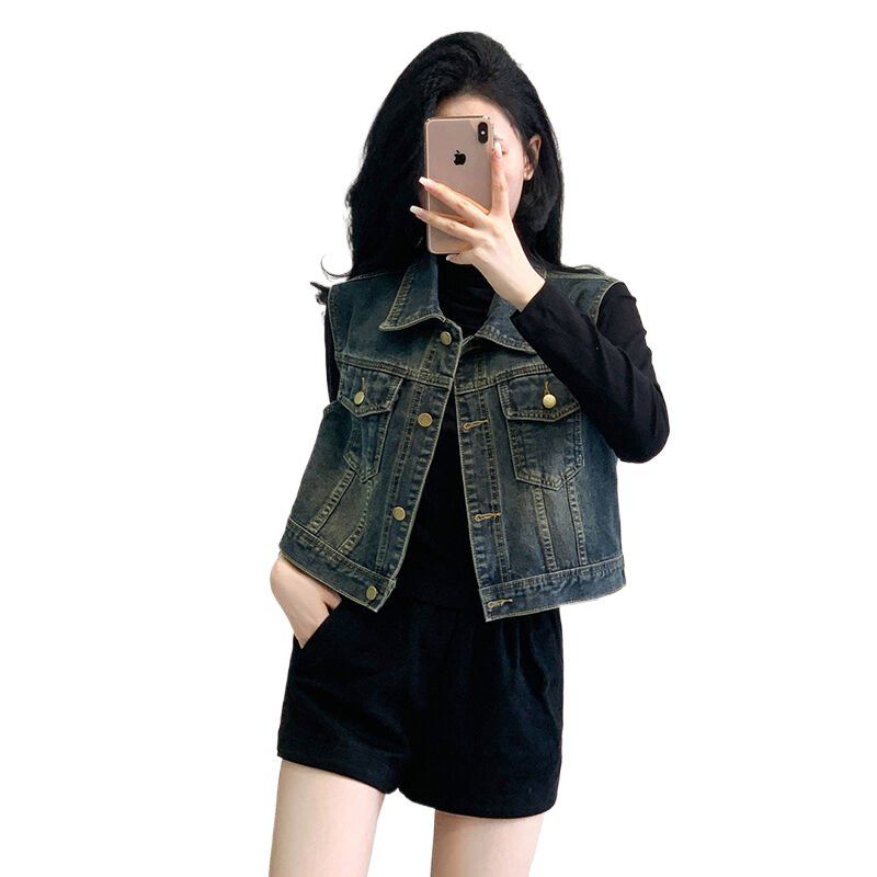 봄가을 여성 루즈핏 크롭 데님 워싱 빈티지 버튼 포켓 그레이 - 상세 이미지 4