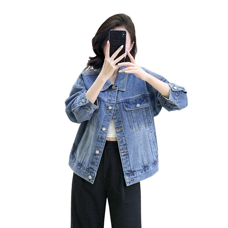 여성 봄 가을 루즈핏 드롭숄더 카라 데님 자켓 버튼 포켓 간절기 아우터 블루 - 상세 이미지 4