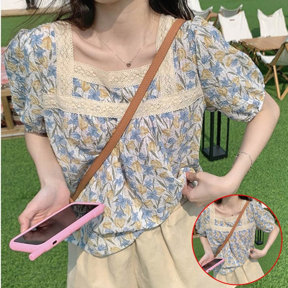 스퀘어넥 플라워 티셔츠 봄여름 데일리 데이트 외출 여리 : cielo33