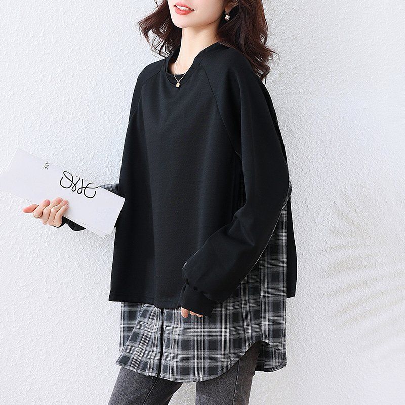 여성 봄 가을 빅사이즈 루즈핏 레이어드 맨투맨 체크 긴팔 티셔츠 라운드넥 블랙 - 상세 이미지 3