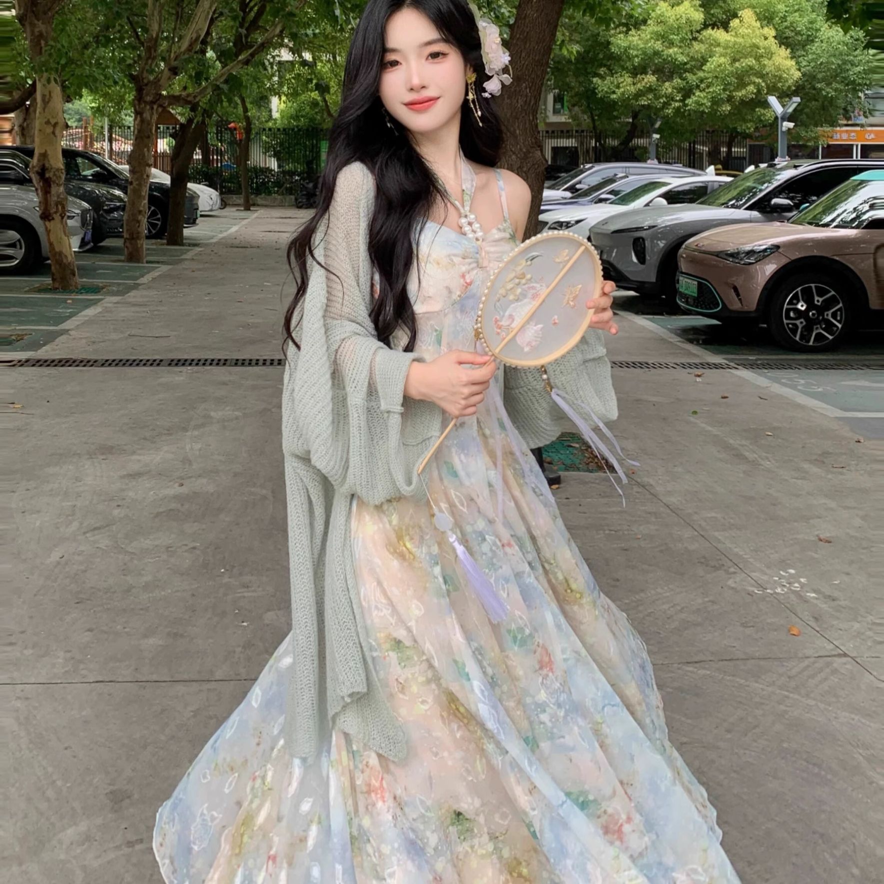 레트로 유화 프린트 홀터넥 원피스 여신 드레스 - 상세 이미지 2