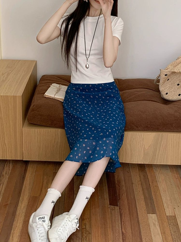 복고풍 블루 꽃무늬 미디 스커트 레트로 꽃무늬 쉬폰 - 상세 이미지 4