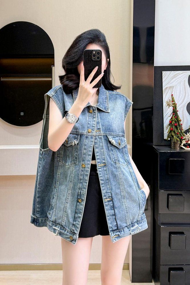 봄여름 여성 루즈핏 중장기장 데님 베스트 워싱 스트릿 버튼 포켓 블루 - 상세 이미지 5