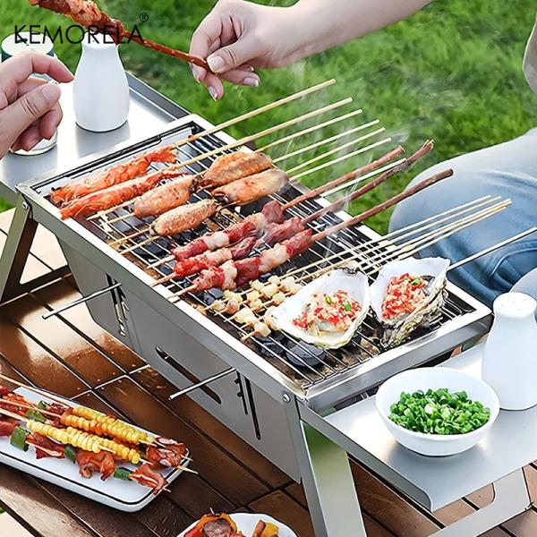스테인레스 숯불 그릴 야외 접이식 바베큐 스토브 무연 가정용 휴대용 캠핑 정원 : 프로미코