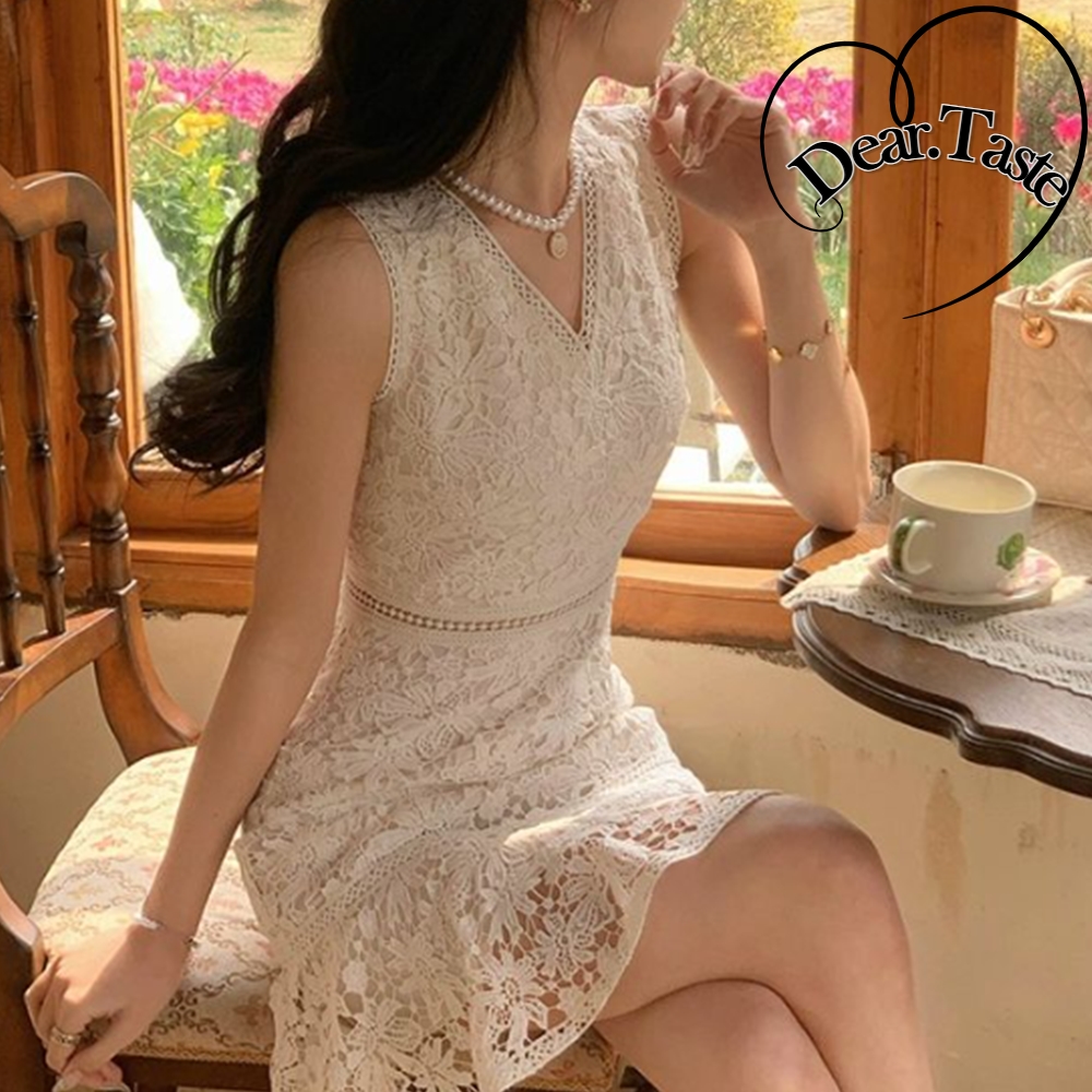 프렌치 V넥 레이스 원피스 여름 크로쉐 허리잘록 날씬해보이는 - 상품 이미지