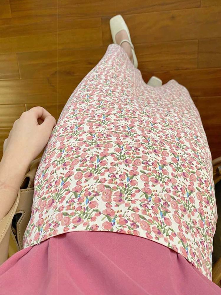 여성용 핑크 꽃무늬 롱 스커트 치마 쉬폰 잔잔 잔꽃 플로럴 플레어 - 상세 이미지 4