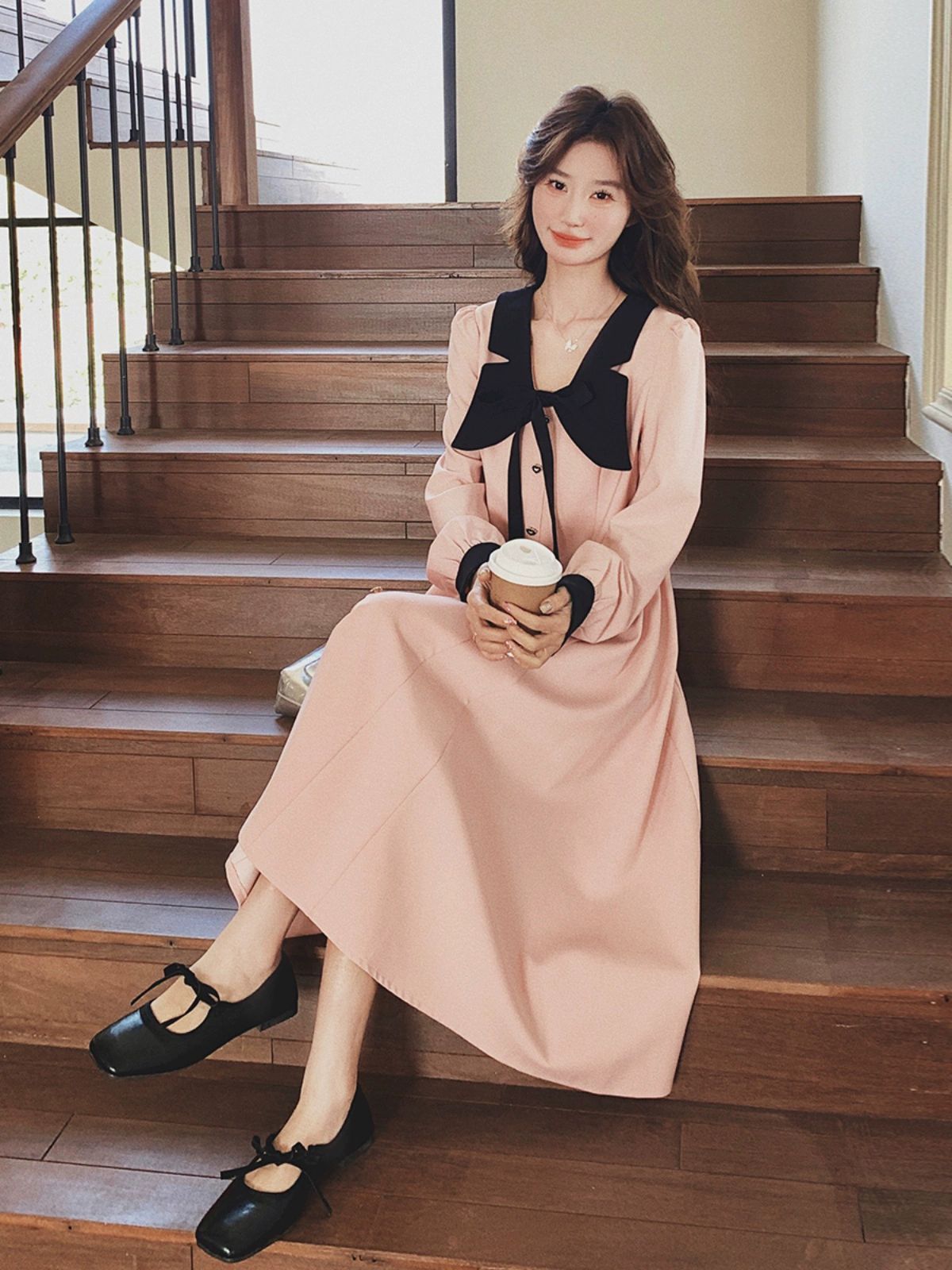 봄 하객룩 원피스 핑크 프렌치 긴팔 롱원피스 러블리 - 상세 이미지 3