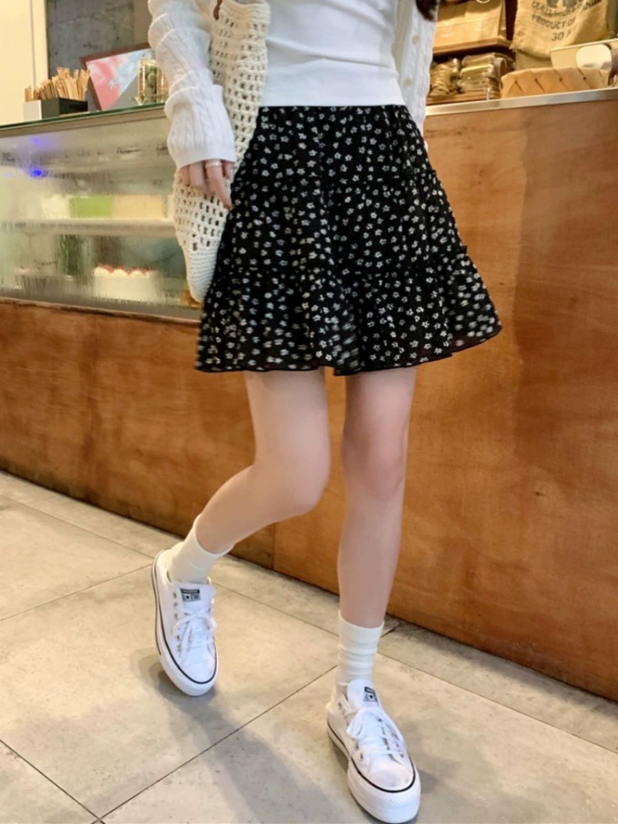 여성 여름 플라워 A라인 스커트 플레어 미디 꽃무늬 잔잔 캉캉 잔꽃 - 상세 이미지 5