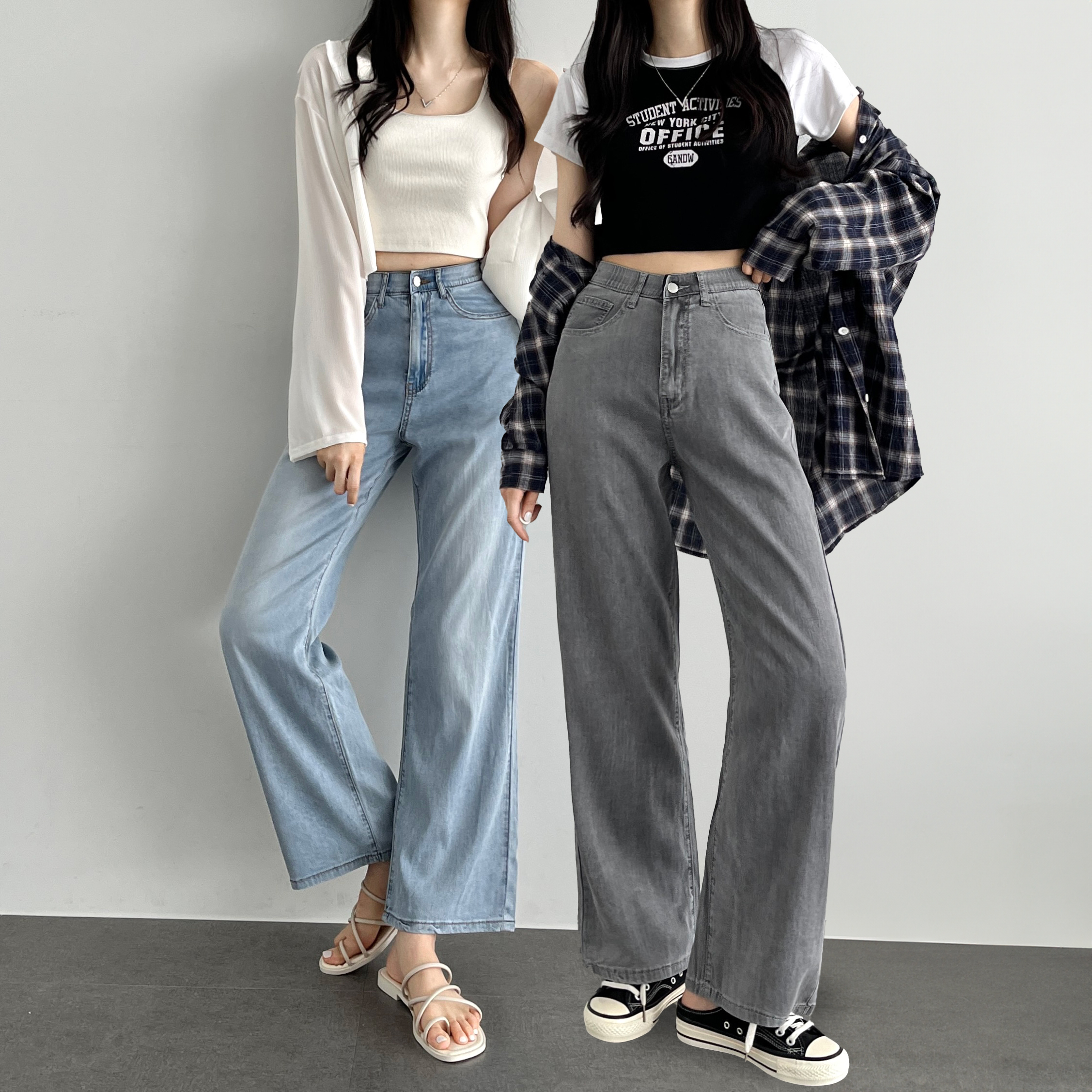 여름 여성 키작녀 와이드 청바지 쿨링 그레이 연청 텐셀 바지