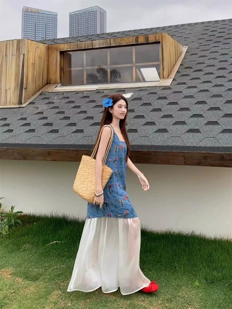 여름 꽃무늬 민소매 투피스 원피스 여성 해변 플라워 데님스타일 - 상세 이미지 4
