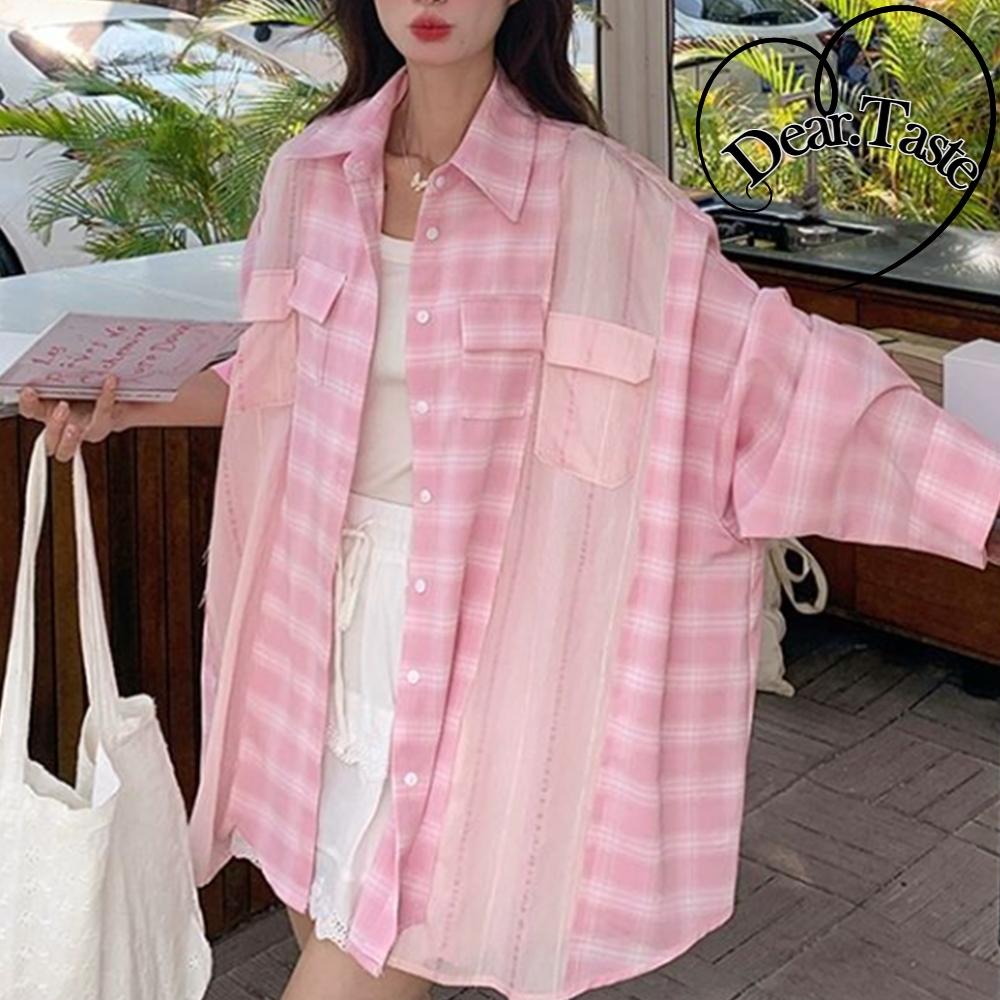 핑크 체크 오버핏 난방 재킷 아우터형 - 메인 이미지