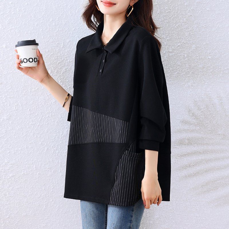 여성 봄 가을 빅사이즈 루즈핏 배색 스트라이프 카라 긴팔 티셔츠 언발란스 티셔츠 블랙 - 상세 이미지 2
