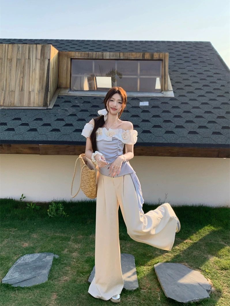 프랑스 원숄더 플라워 티셔츠 반팔 슬림핏 공주풍 플로럴 오프숄더 - 상세 이미지 4