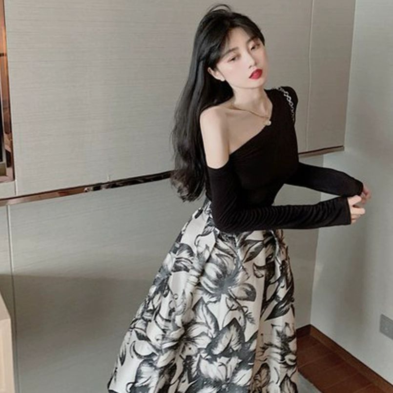 수묵화 A라인 스커트 여성 여름 롱스커트 우아한 날씬해보이는 하이웨이스트 - 상세 이미지 3