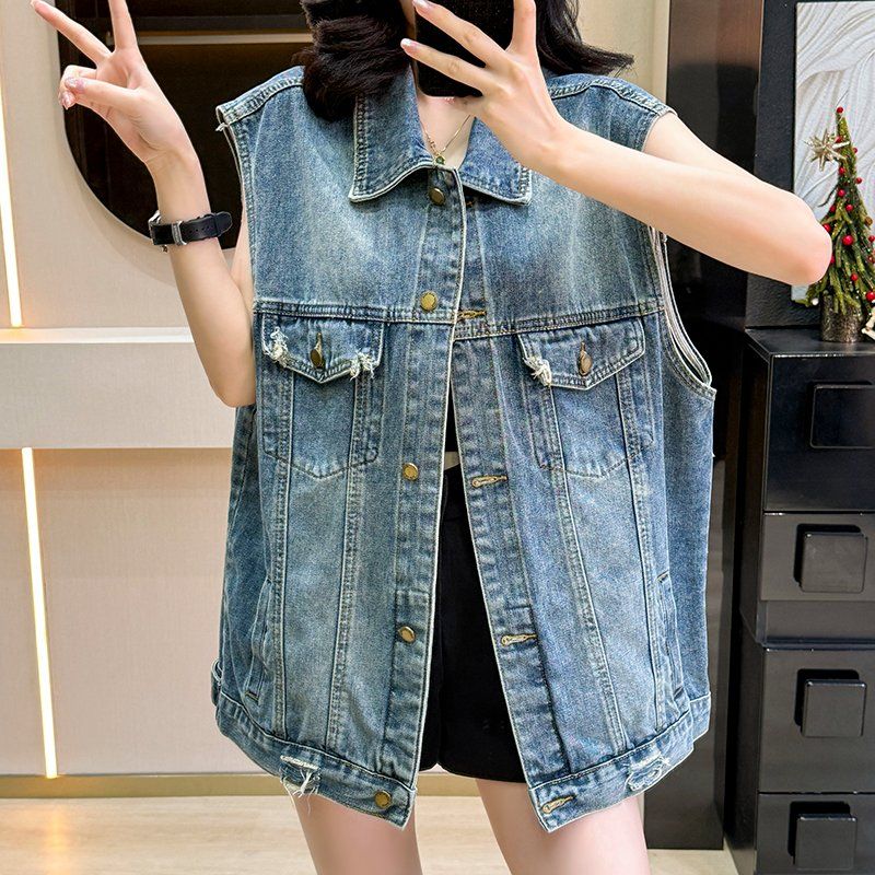 봄여름 여성 루즈핏 중장기장 데님 베스트 워싱 스트릿 버튼 포켓 블루 - 상세 이미지 2