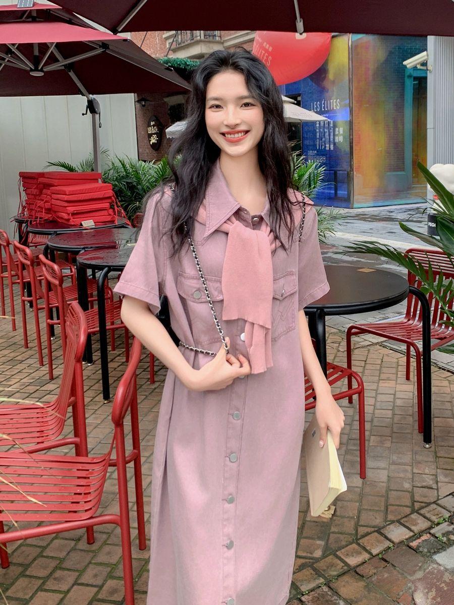 빈티지 핑크 퍼플 롱 원피스 여성 체형보정 - 상세 이미지 4