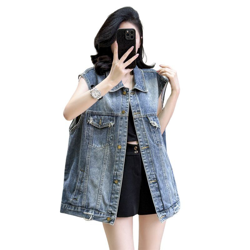 봄여름 여성 루즈핏 중장기장 데님 베스트 워싱 스트릿 버튼 포켓 블루 - 상세 이미지 4