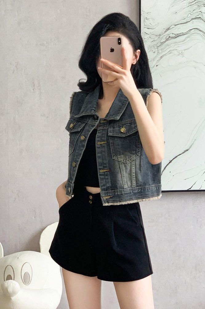 봄 가을 여성 루즈핏 세미크롭 데님조끼 청조끼 싱글버튼 워싱 베스트 캐주얼 데일리룩 그레이 - 상세 이미지 5