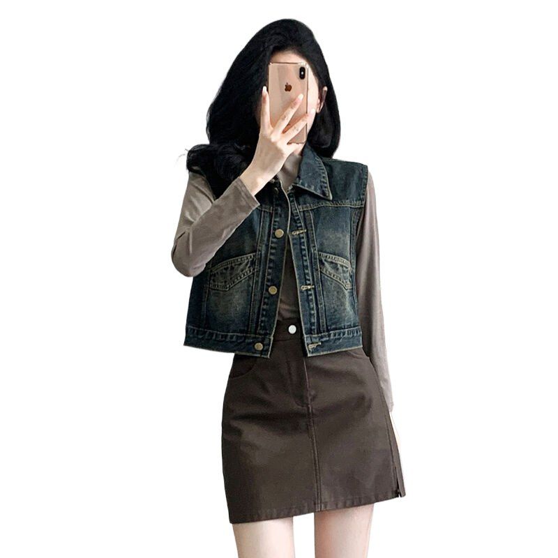 봄가을 여성 루즈핏 크롭 데님 베스트 워싱 빈티지 버튼 포켓 그레이 - 상세 이미지 3