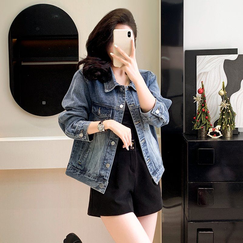 봄가을 여성 루즈핏 데님 자켓 워싱 빈티지 버튼 포켓 간절기 아우터 블루 - 상세 이미지 3