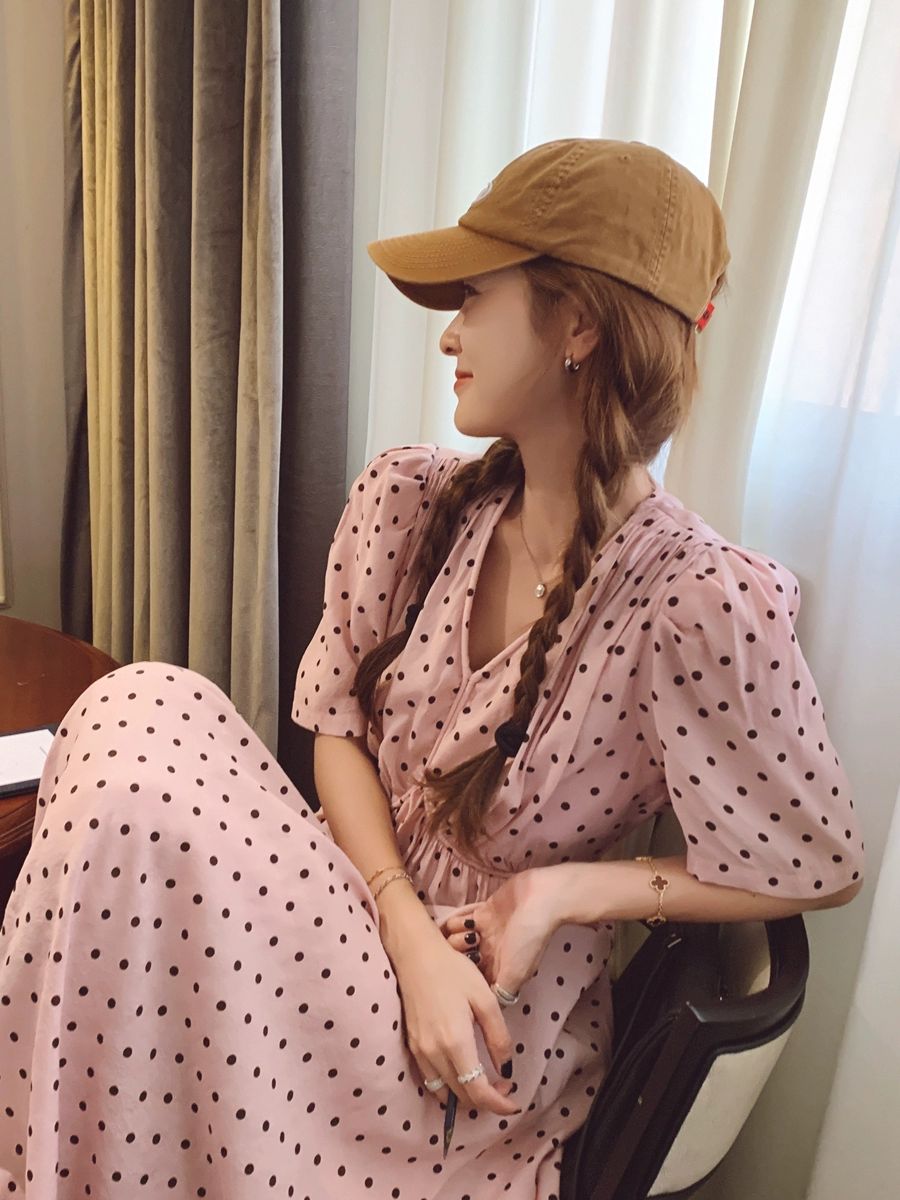 핑크 도트 패턴 롱 원피스 여성 여름 캐주얼 드레스 프렌치 반팔 - 상세 이미지 5