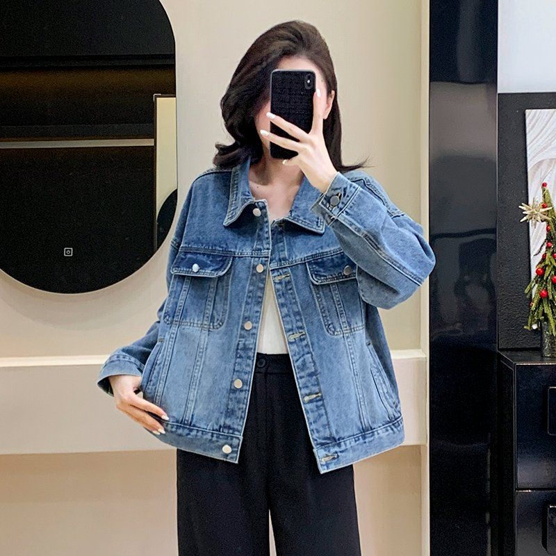여성 봄 가을 루즈핏 드롭숄더 카라 데님 자켓 버튼 포켓 간절기 아우터 블루