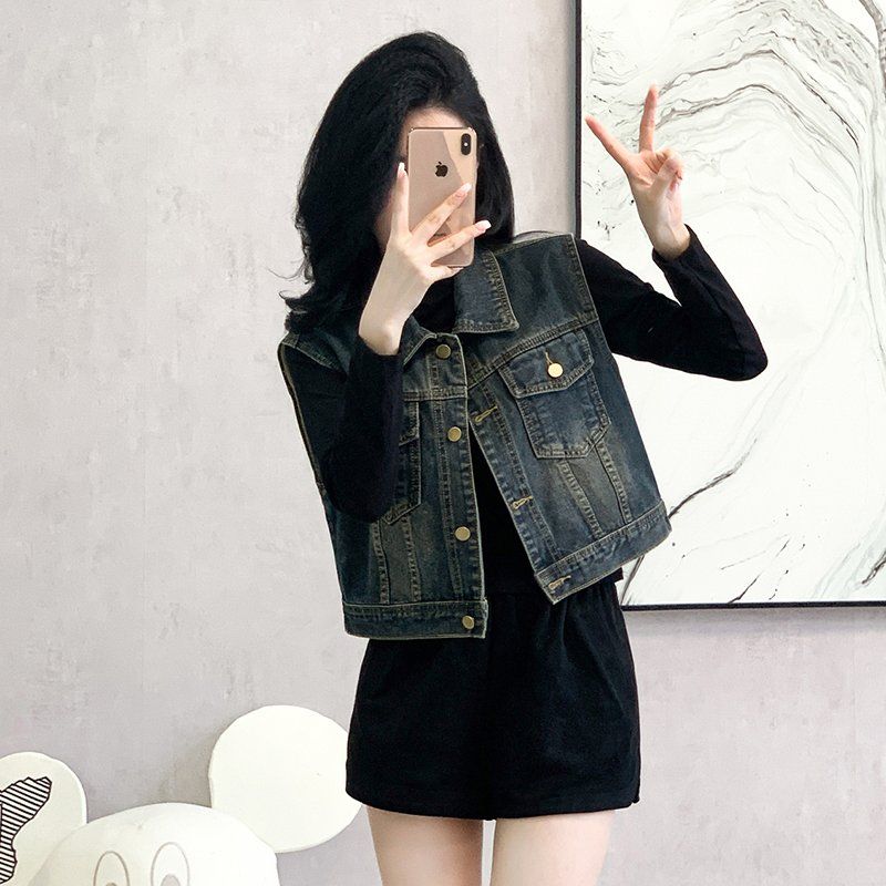 봄가을 여성 루즈핏 크롭 데님 워싱 빈티지 버튼 포켓 그레이 - 메인 이미지