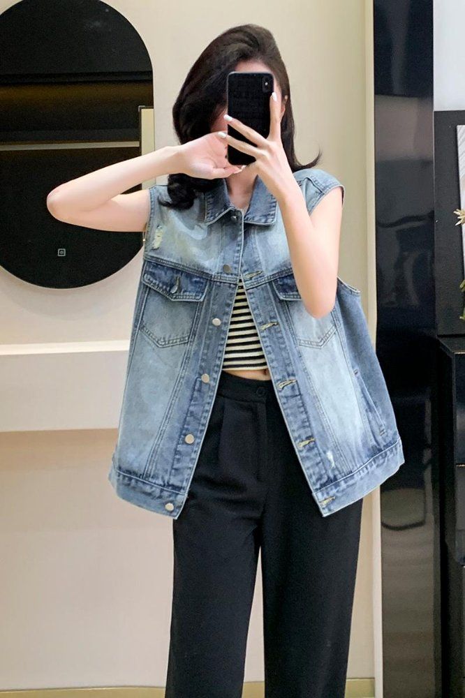 봄가을 간절기 여성 루즈핏 민소매 데님조끼 워싱 빅사이즈 청베스트 캐주얼 데일리 라이트블루 - 상세 이미지 5