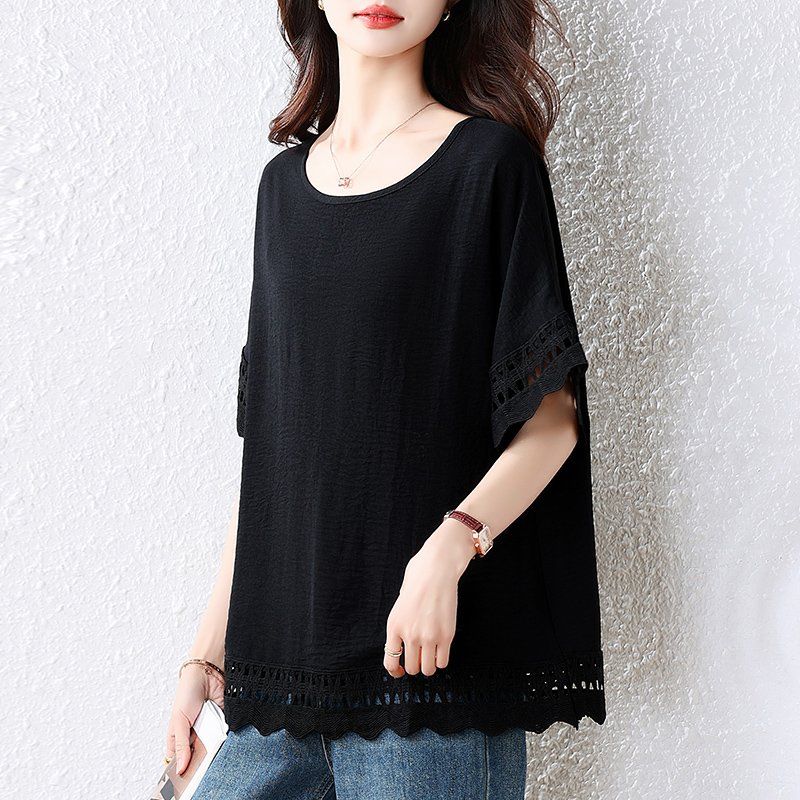 여성 봄 여름 빅사이즈 루즈핏 레이스 펀칭 반팔 티셔츠 라운드넥 드롭숄더 블랙 - 상세 이미지 3