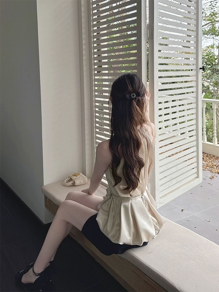 프랑스풍 고급 새틴 나시 홀터넥 슬리브 탑 블라우스 실크 - 상세 이미지 3
