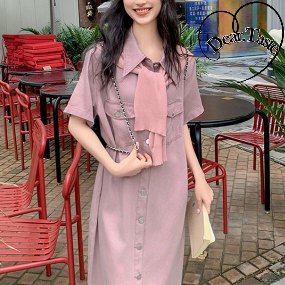 빈티지 핑크 퍼플 롱 원피스 여성 체형보정 - 메인 이미지