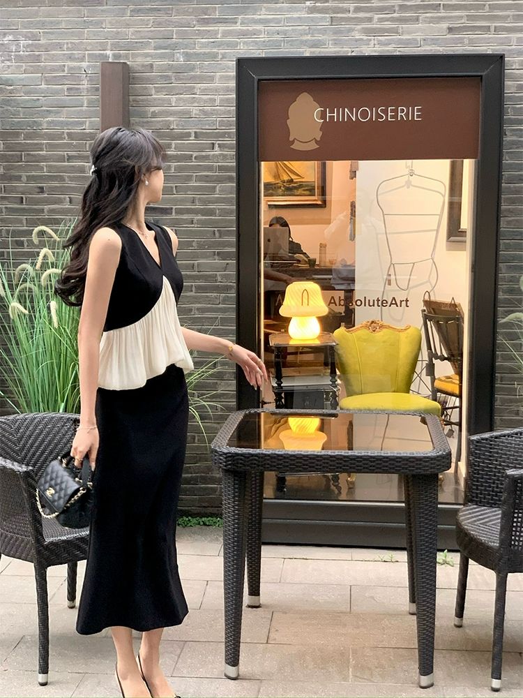여름 투피스 세트 패션 정장 단정한 블랙 화이트 - 상세 이미지 3