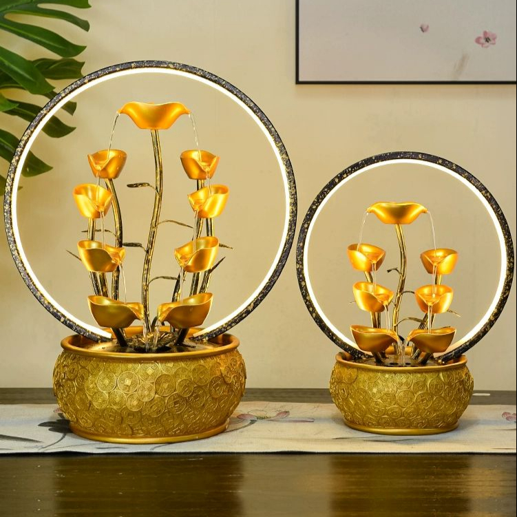 황금연잎 미니분수 인테리어분수 인테리어 개업선물 미니분수대 조명 링 소형 - 상품 이미지