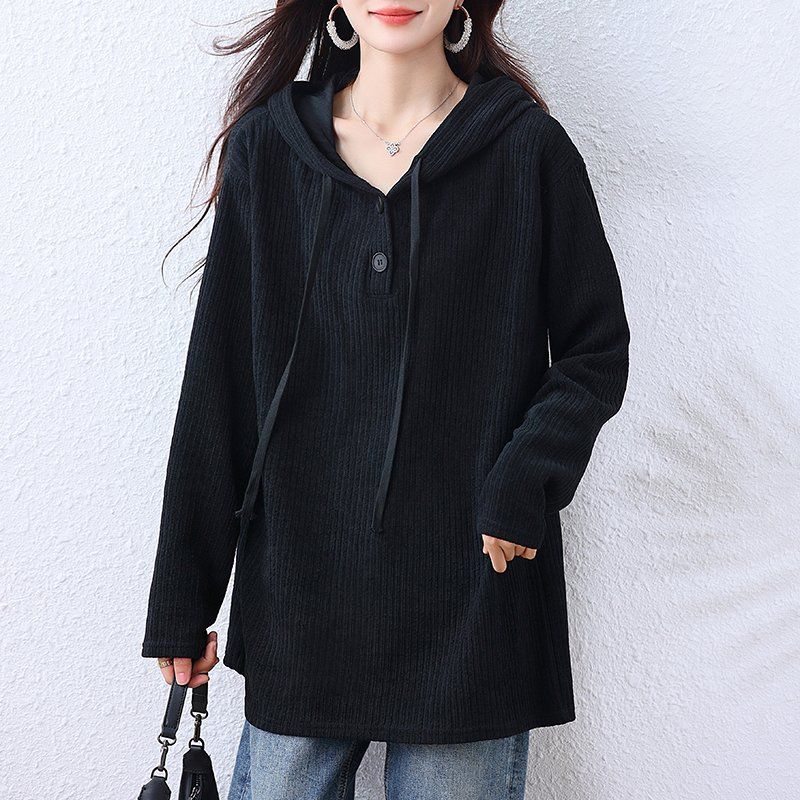 여성 봄 가을 빅사이즈 루즈핏 골지 후드티 긴팔 버튼 스트링 캐주얼 후드티 블랙 - 메인 이미지