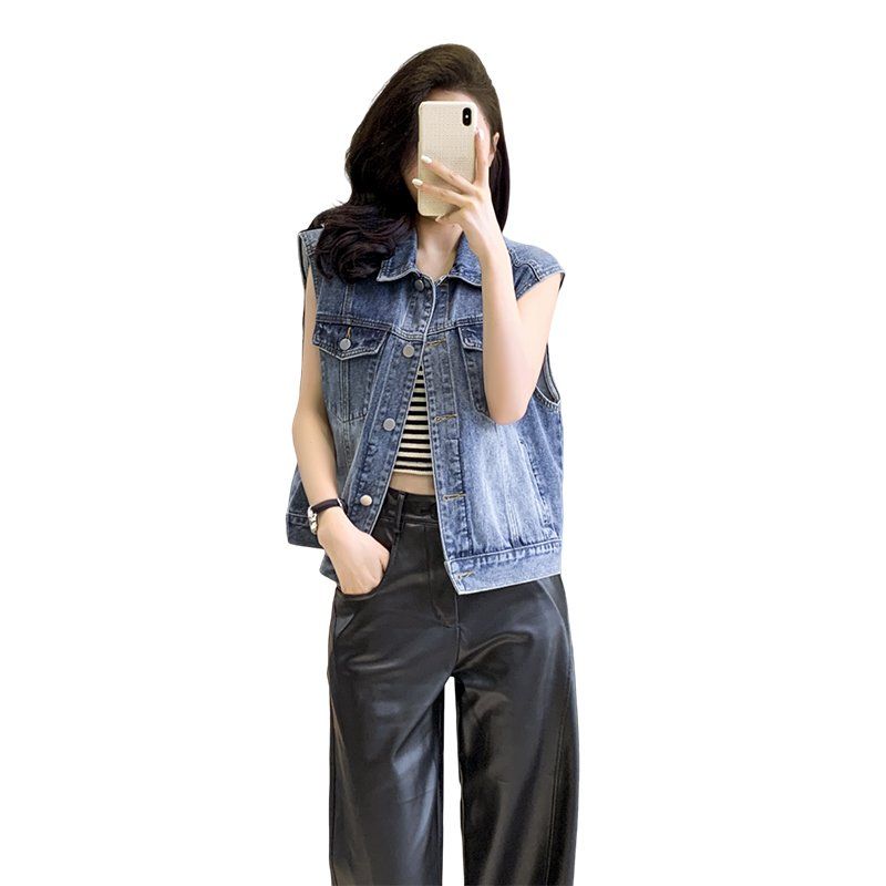 여성 봄 여름 루즈핏 카라 데님 베스트 민소매 버튼 포켓 아우터 라이트블루 - 상세 이미지 5