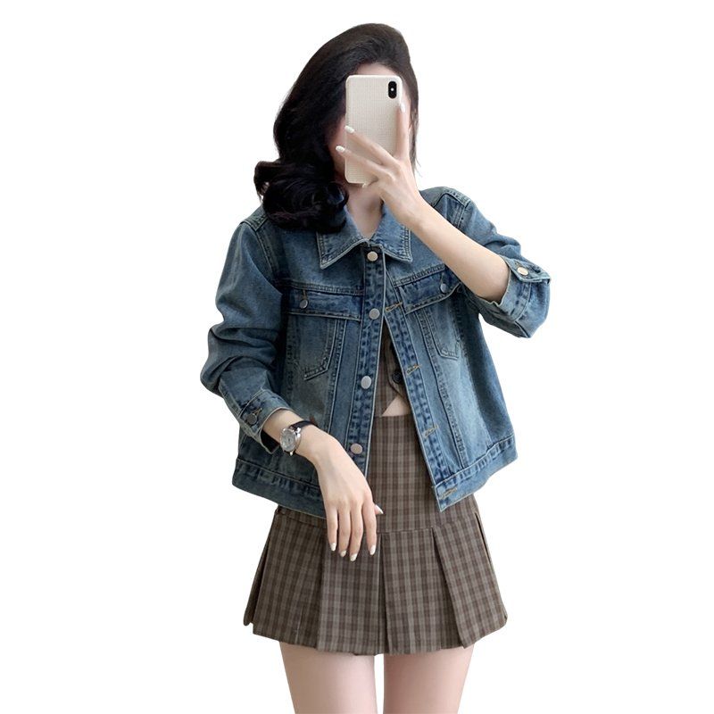 여성 봄 가을 루즈핏 카라 데님 자켓 버튼 포켓 간절기 아우터 블루 - 상세 이미지 3