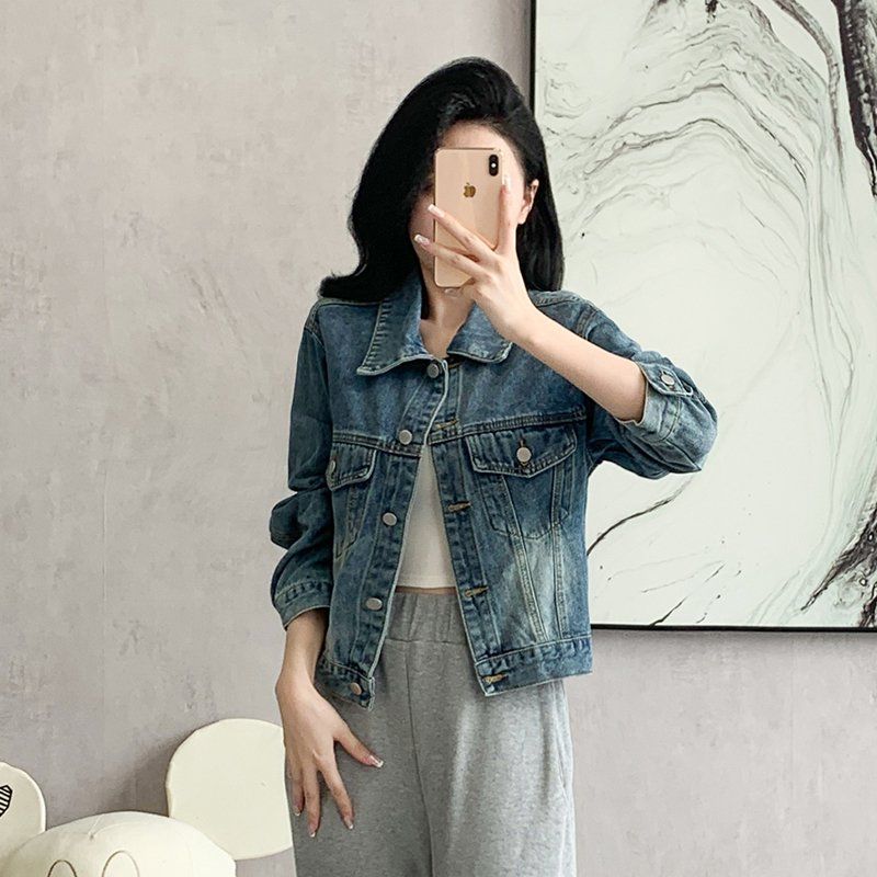 봄가을 여성 루즈핏 크롭 데님 자켓 워싱 빈티지 버튼 포켓 간절기 아우터 블랙 - 상세 이미지 2