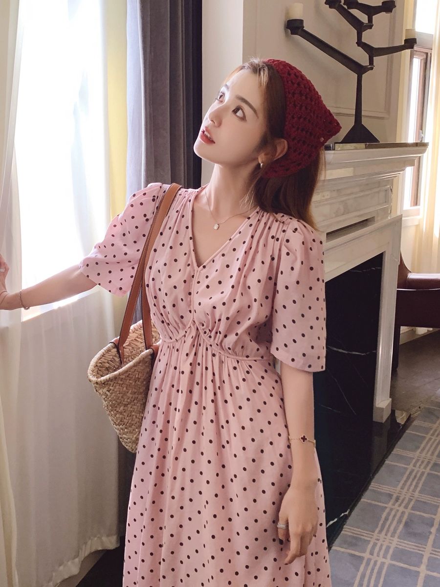 핑크 도트 패턴 롱 원피스 여성 여름 캐주얼 드레스 프렌치 반팔 - 상세 이미지 4