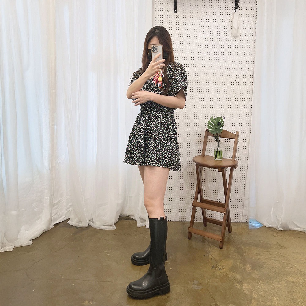 레인보우 스퀘어넥 패턴 퍼프 미니원피스 - 상품 이미지