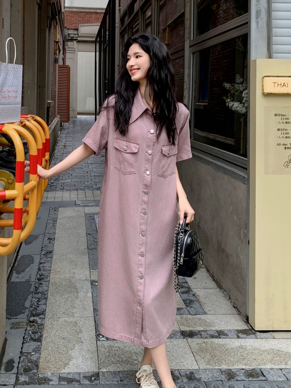 빈티지 핑크 퍼플 롱 원피스 여성 체형보정 - 상세 이미지 5