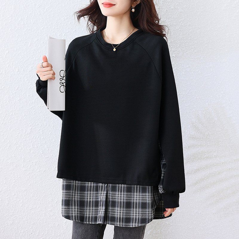 여성 봄 가을 빅사이즈 루즈핏 레이어드 맨투맨 체크 긴팔 티셔츠 라운드넥 블랙 - 상세 이미지 2