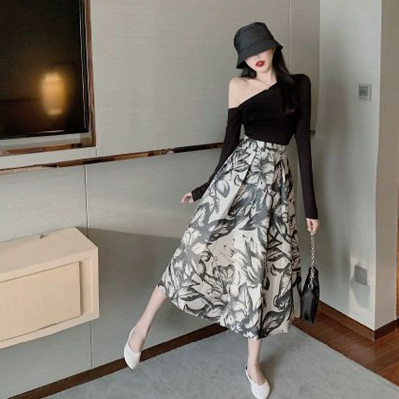 수묵화 A라인 스커트 여성 여름 롱스커트 우아한 날씬해보이는 하이웨이스트 - 상세 이미지 5