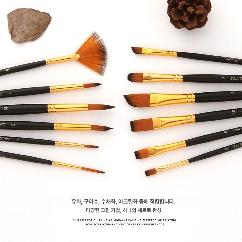 오일 수채화 유화둥근붓 12개세트 유화사선붓 DIY 머리 세트 나무 브러시 화필 무광 블랙 - 상세 이미지 4