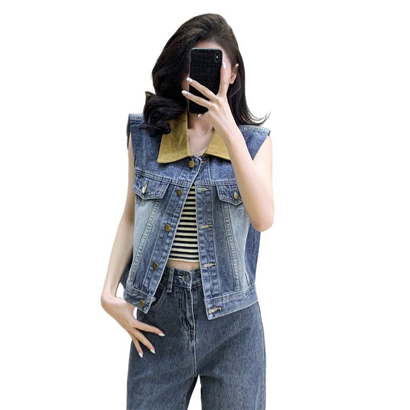 봄가을 여자 숏 데님 조끼 와이드핏 청 베스트 워싱 레트로 버튼 포켓 - 상세 이미지 3
