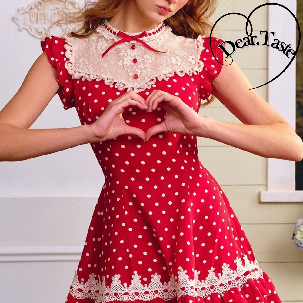 레드 도트 레이스 원피스 공주 여성 미니 반팔 드레스 - 상품 이미지