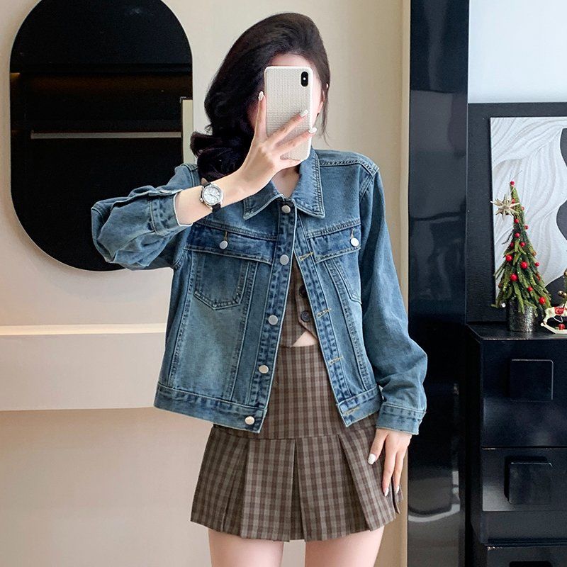 여성 봄 가을 루즈핏 카라 데님 자켓 버튼 포켓 간절기 아우터 블루 - 상세 이미지 2