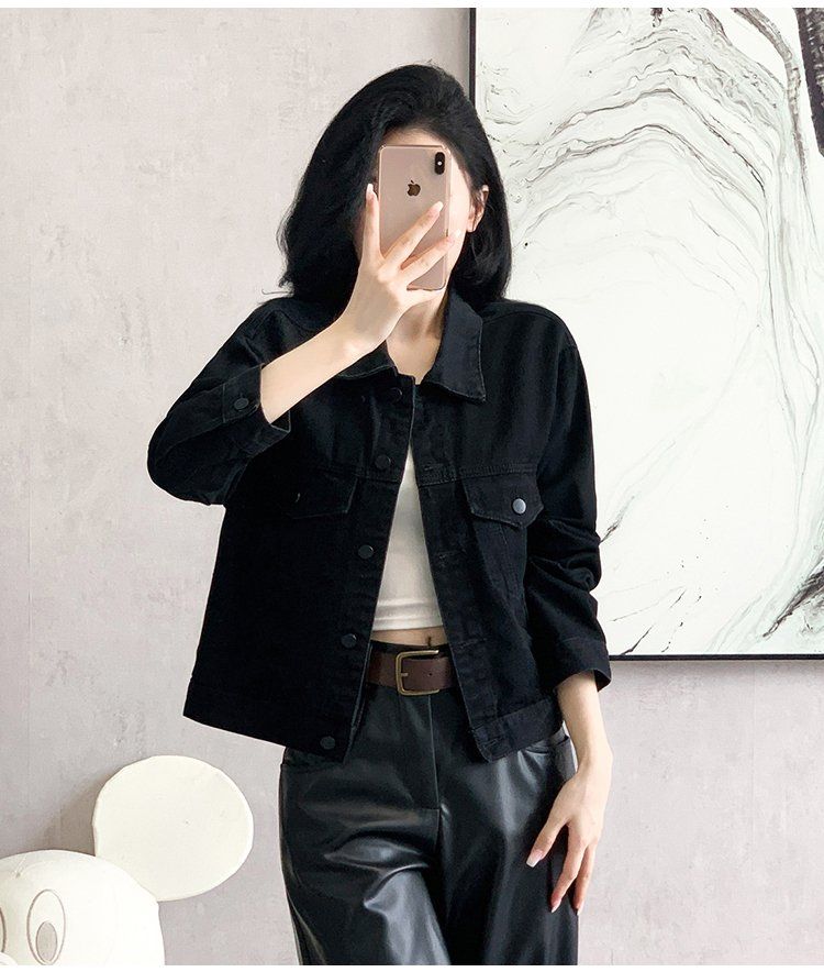 봄가을 여성 루즈핏 크롭 데님 자켓 워싱 빈티지 버튼 포켓 간절기 아우터 블랙 - 상세 이미지 3